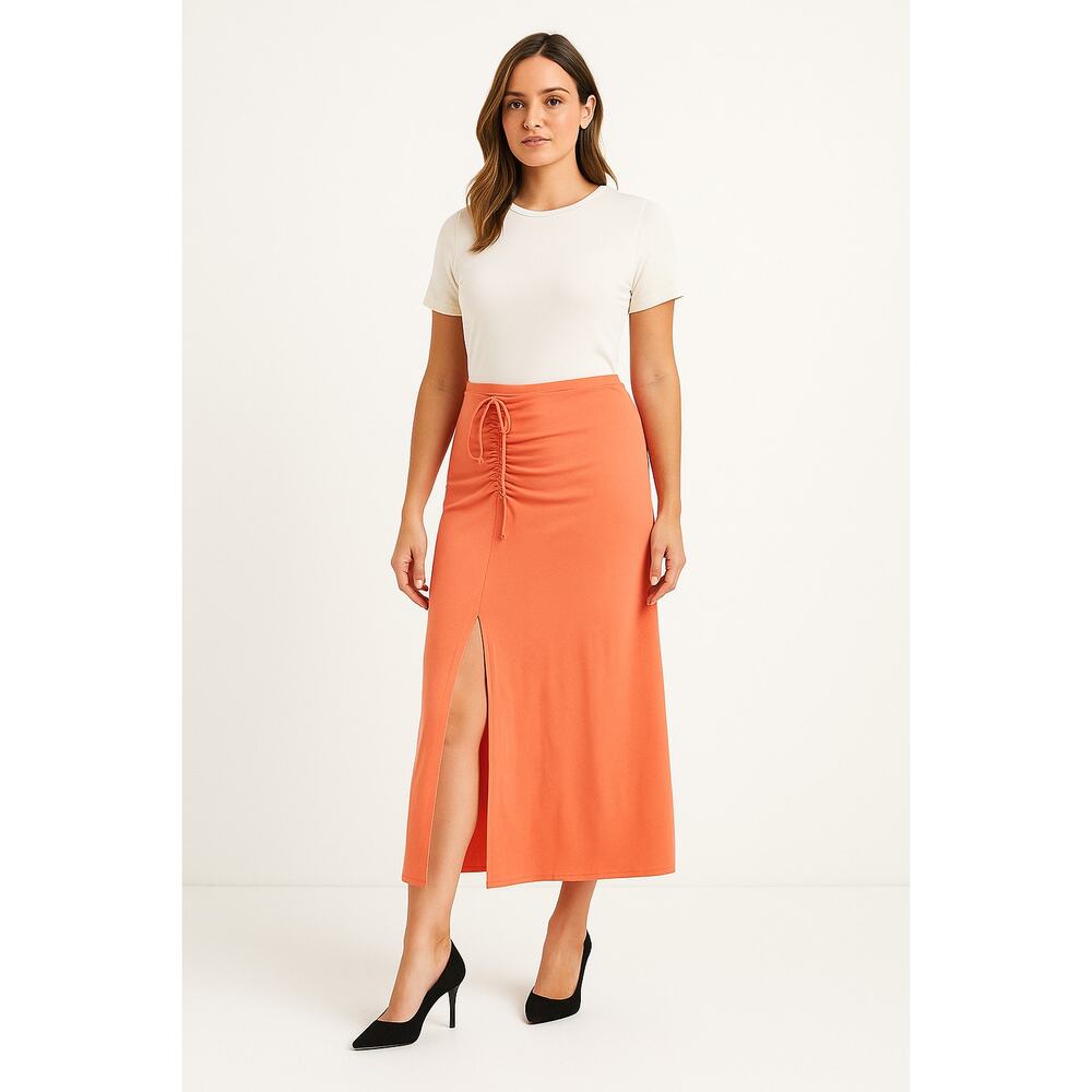 New Aerie Women's Beachwalk Orange Ruched Side Slit Ribbed Midi‎ Skirt Size M
